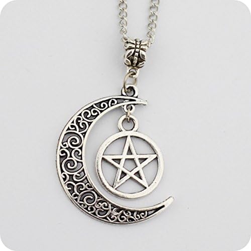 Silver Pentagram and Crescent Moon Pendant - Wiccan Jewelry, Pentacle Necklace, Pentagram Necklace