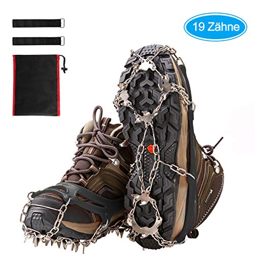 Tirain Steigeisen für Bergschuhe,19 Zähne Kieselgel Edelstahl Anti-Rutschen,Schneekette,Spikes,Schuh-Krallen für High Altitude Wandern EIS Schnee