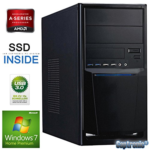 Captronic® (A4-6300-8GB-HD8370D-128GB SSD-Win7HP) Windows 7 Home Premium 64bit | DualCore Silent PC Front USB 3.0 AMD A4-6300 2x 3,70GHz (Turbo bis 3900MHz) | KINGSTON 8GB DDR3-1600 | 24x DVD-Brenner | 128GB SSD SATA3 | ATI Radeon HD 8370 2GB HDMI/DVI/VGA | CardReader | 7.1 Sound | GigabitLAN | Design Gehäuse Schwarz