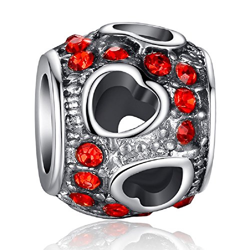 Chengmen Jewellery - Abalorio de circonita cúbica con corazón y corazón de Plata de Ley con circonita cúbica roja