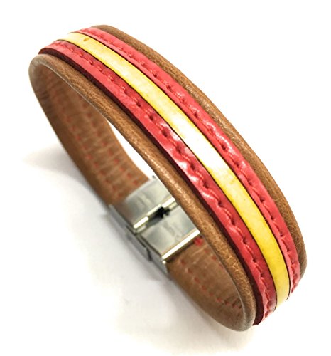 YOJAN PIEL Pulsera De Cuero Bandera De España (Fabricada Artesanalmente) (MARRÓN Claro)