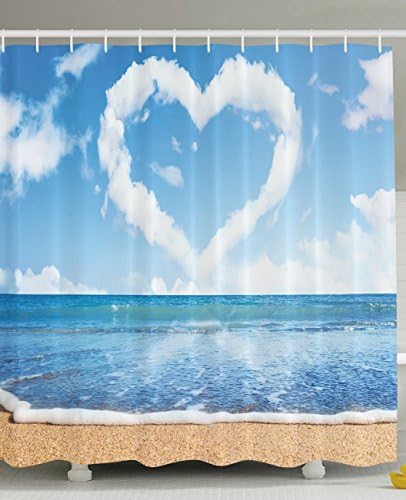 Tropical Beach Shower Curtain by Minsoku, Scenery Decorations Heart Shaped Clouds Honeymoon Dreamy Scene Romance Island Ocean Waves Love in the Sky Romantic Art Funny Couples Fabric Sand Blue White