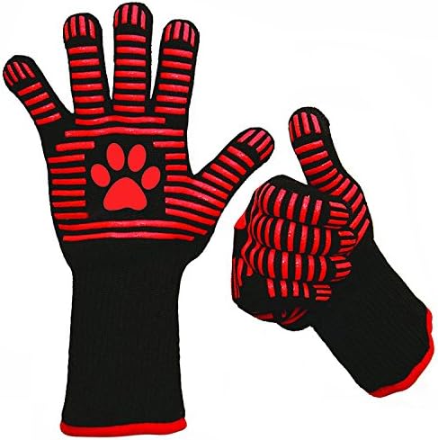 HICYCT BBQ Grill Gloves, Extreme Heat Resistant EN407 Certified Gloves,Use in Grilling,Grillmatte,BBQ grill mats,non-stick coating,for gas,coal,oven,electric grill,reusable,2 Gloves(Long)