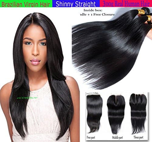 eCowboy Virgin Remy Straight 3 Bundle Pack With Lace Closure Extensions Combination Set, Unprocessed Virgin Brazilian 14"16"18"+Closure14" Free Part