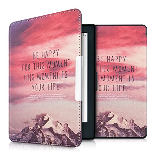 kwmobile Hülle für Amazon Kindle (8. Generation) - Flipcover Case eReader Schutzhülle - Bookstyle Klapphülle Be Happy Design Rosa Violett Koralle