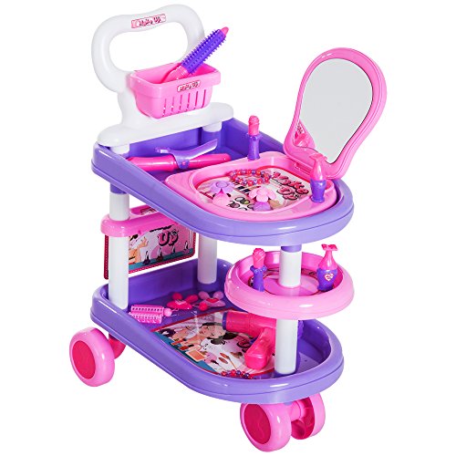 Preisvergleich Produktbild HOMCOM Kinder Mädchen Dresser Trolley Kosmetikwagen Rollenspiel Lila Rosa 47x30x55cm