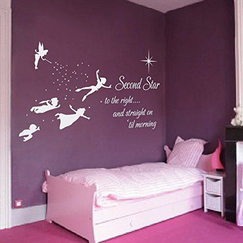 Peter Pan Silhouette Wall Decal Quote Second Star To The Right And Straight On Till Morning- Children Flying Silhouette Nursery Playroom(White, 33"h x58"w)