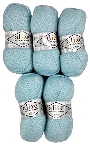 5 x 100g Alize Wolle mit Mohair und Pailletten zum Stricken und Häkeln, Farbe hellblau Nr. 514, 500 Gramm Strickwolle
