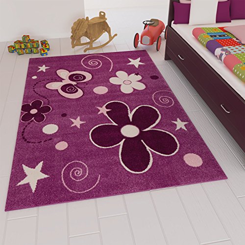 Kinder Teppich Modern Blumen Sterne Farbe Lila – VIMODA; Maße: 120x170 cm