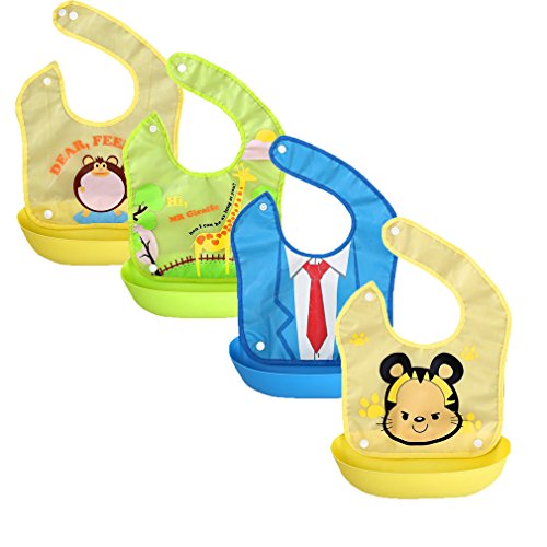 JT-Amigo 4er Set Baby Lätzchen mit Auffangschale, Baumwolle, Wasserdicht