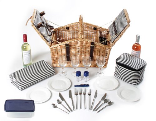 Greenfield Collection (HP003) Deluxe Somerley Picknickkorb für 4 Personen mit passender Decke, Weide, gestreiftes Futter: Mitternachtsblau – Weiß gestreift - 2