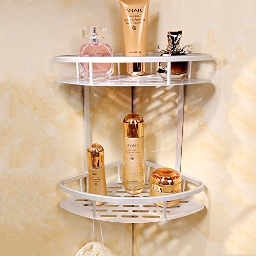 Swallowzy Badezimmer Eckregal, haltbares Aluminium Sticky Nein Bohrer Regal Dusche Lagerung Handtuch Wandhalterung Regal Dusche Caddy Regal Storage Rack Corner Shampoo Korb-Halter mit Haken, Style A 2 Tier - 2