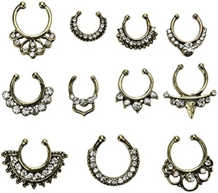 Smilucky 11Pcs Fake Septum Clicker Nose Ring Rhinestone Non Piercing Hanger Clip Body Jewelry