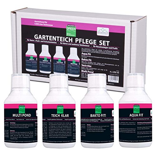 Gartenteich Pflege Set, 4 x 250 ml für klares und sauberes Teichwasser im Gartenteich und Koiteich