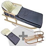 Paket besteht aus: BambiniWelt24 BAMBINIWELT Kombi-Angebot Holz-Schlitten mit Rückenlehne & Zugseil + universaler Winterfußsack (108cm), auch geeignet für Babyschale, Kinderwagen, Buggy, aus Wolle Uni dunkelgrau