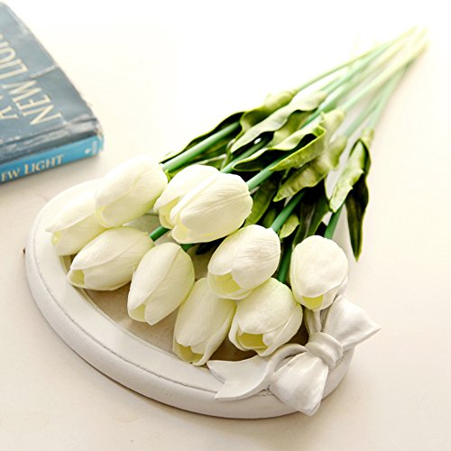 10 Stück JUYUAN-EU Tulpe künstliche Blumen mit Blätter Dekoriere Kunstblumen Latex Real Touch Bridal Wedding Bouquet Home Decor Weiss - 2