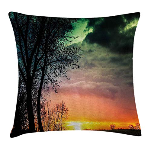 tyui7 Federa Decorativa Quadrata Horizon Sky con insolito colorato Tempesta Nuvole in Aria e Albero Silhouette Immagine Pillowcase 45x45 cm Multicolore