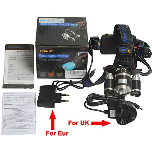 Sidiou Group 30W 5000 Lumen 3x Cree XM-L T6 Led Kopflampe / Stirnlampe, Wasserdicht Wiederaufladbare 3-Birnen High Power Zoom Scheinwerfer für Camping Angeln Radfahren Rennen Gehen Mit 2 x 3,7 V 3000mAh 18650 Akku Und Ladegerät - 2