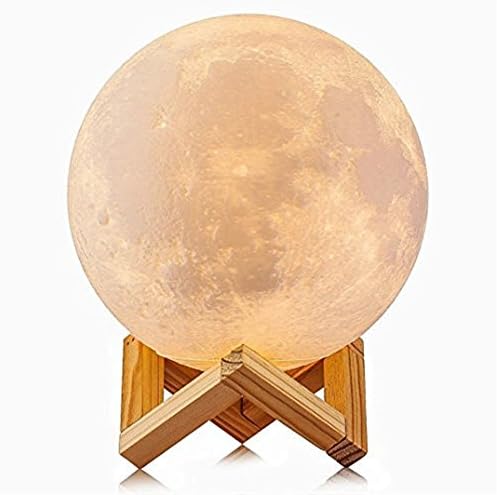 3D Printing LED Moon Lamp Touch Control Dimmable Desk Lamp USB Charging Night Light With Wooden Holder(5.9inch)