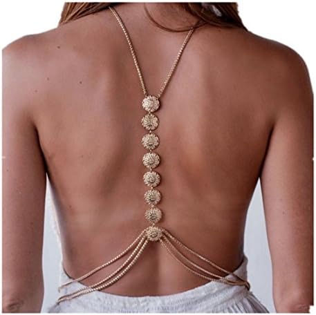 Women's metal necklace exaggerated carved discs body chain (golden)