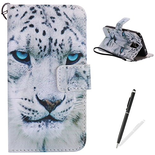 Feeltech Samsung Galaxy S5 Hülle PU-Leder und Brieftasche Bunte Muster Fall mit Magnetverschluss, Hybrid-Kickstand mit Stand-Funktion, schlagen Sie schützende weiche TPU Stoßstangenabdeckung und Kreditkartenhalter für Samsung Galaxy S5 Handgelenk Bügel-Buch-Art-Geldbeutel-Tasche mit 2 In 1 Berühren Sie Stift - White leopard