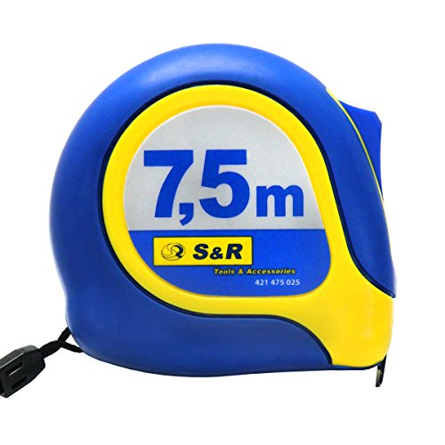 S&R Bandmaß 7,5 m x 25mm, Massband Nylon beschichtet, schlagfestes, Rollband gummiertes Gehäuse, MUSTANG Serie - 5