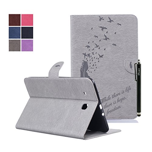 Samsung Galaxy Tab E 9.6-Inch SM-T560 Hülle, DEENOR Stilvoll 3D Drucken Feather und Vögel Serie Brieftasche Tasche PU Leder Flip Protective Stand Tasche Schutzhülle Hülle für Samsung Galaxy Tab E 9.6-Inch SM-T560 / T561 / T565.[Feather-Grey]