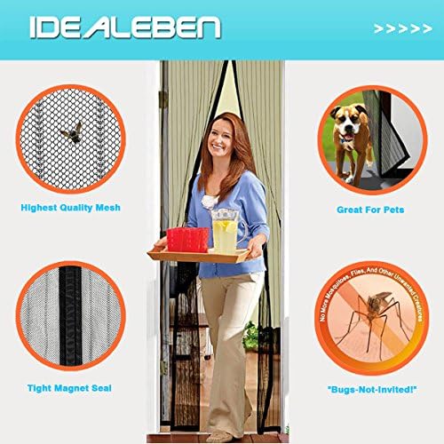 Magnetic Screen Door [Continuous Magnetic Closure Strip] Bug, Fly, Mosquito Repellent Keep Flies Out with Heavy Duty Mesh &amp; Full Frame Velcro Fits Doors up to 43" x 87" / 110cm x 220 cm (Black)