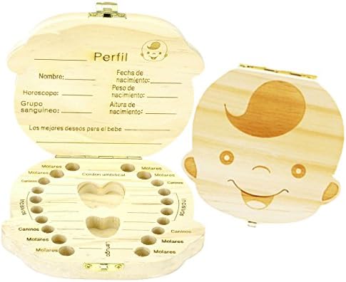 Mangostyle Baby Teeth Box Save Wooden Boxes Personalized Deciduous Souvenir Box,Wooden Personalized Baby Tooth Teech Keepsake Box (Spanish, Boy)