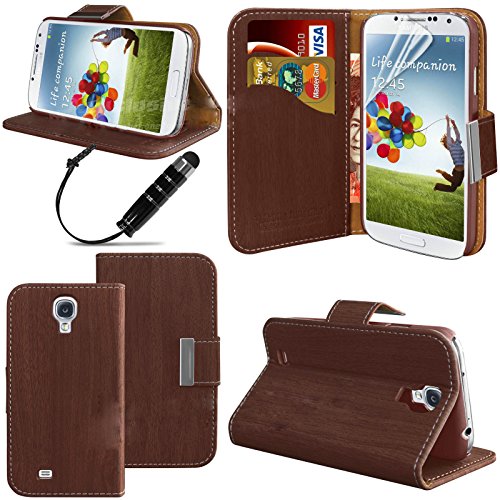 funkybuys@ Pu Leather Wallet Flip Cover Case Pouch for Samsung Galaxy S4, S IV, Galaxy S IV i9500 With Free Stylus and Screen Cover (Book Wallet, wood effect Brown)