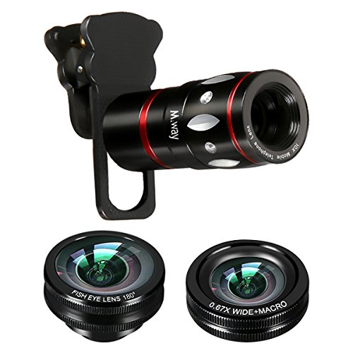 Lenti Telefono, Lenti Smartphone M.Way 3 in 1 Lenti Kit Telecamera Universale con Obiettivi 10 x Teleobiettivo Micro + Fisheye Supreme 180Â°+ Largo Angolo per Apple iPhone 7 SE 6 6S 5S 5C 4S, Samsung Galaxy S7 S6 S5 S4 S3 Nota 4 3 2, Huawei P8 P9, Blackberry, Sony Xperia