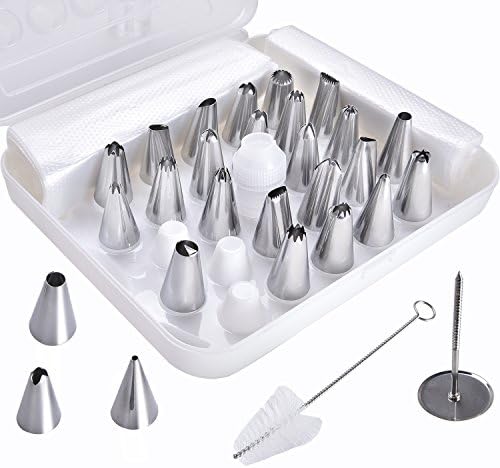 CUH 38-Piece Cake Decorating Tips Kit - 26 Pieces Icing Stainless Steel Piping Nozzles Piping Tips with 1 Reusable Coupler &amp; Storage Case &amp; Flower Nail &amp; 10 Cake Decorating Disposable Pastry Bags