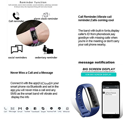 ROGUCI Smart Armband Wristband, IP67 Wasserdichte Blutdruck Oxygen + Oximeter Herzfrequenz Müde Monitor Fitness Schlaf Gesundheit Tracker, Smart Sport Tracking Armband Für iOS 8.0 Android 4.4, tägliche Laufleistung Pedometer Schritt Zähler Kalorien verbrannt Messung Call SMS Erinnerung Sesshaft,Blau - 4