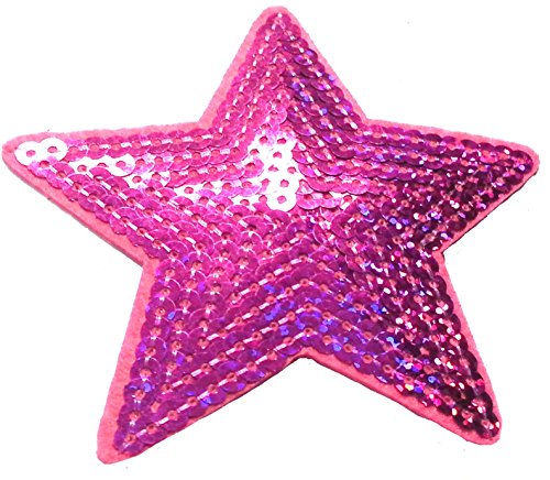 Strass Glitzer Sterne Aufnäher Aufbügler Bügelbilder Sticker Iron on Patches Applikation mit Pailletten für Textilien Kleider Frauen zum aufbügeln " Pink Stern 8,8 cm "