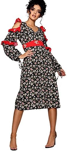 YourPrimeOutlet Womens Black Nadia Mix Print Ruffle Detail Midi Dress - 10