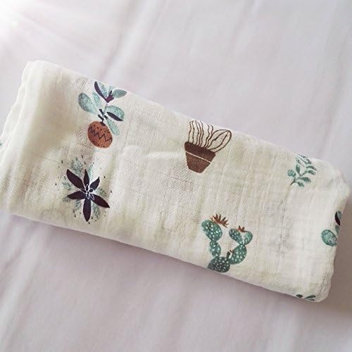 Super soft luxurious bamboo muslin 120x120cm white with cute cactus pattern swaddle blanket