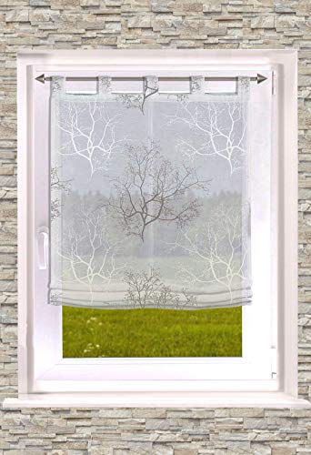 Raffrollo mit Schlaufen/Schlaufenrollo Motiv: Baum weiß-grau 80/100/120/140 x 140cm