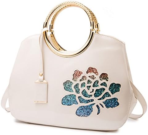 Fashion Patent Leather Handbags Shiny Shell Bag Ladies Shoulder Bag Messenger Bag Hollow Rose Flowers,White-OneSize