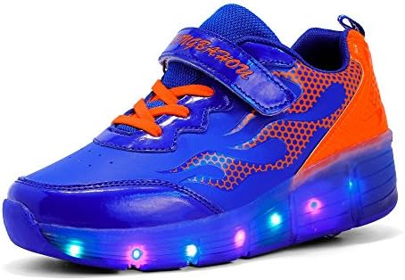 Luckly Grace Unisex Kids LED Roller Skate Shoes With Single Wheel Retractable Outdoor Sport Flashing Sneaker For Girls Boys (1 UK, Blue+Orange)