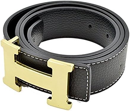 H Style Unisex Leather Belt (3.8 cm Width) (gold buckle/black, 110cm)