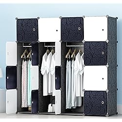 PREMAG Armoire Portable DIY, Penderie Portes, Tige Suspendue, Construction Solide Vêtements, Chaussures, Accessoires, Conception de Motif de Frisé, Noir Blanc (16-Cube)