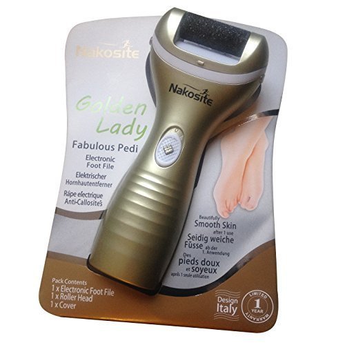 NAKOSITE Golden Lady, Best Electric Foot File, Awesome Callus Remover, Pedicure Hard Skin Beautifier, Foot Exfoliator Scrub. Health and Beauty Gadget for use at Home and Salon. Recommended by Beauticians, Athletes, and Sport Enthusiasts. 2 AA Battery operated(Not included). Colour is Gold. Bonus: Fitness eBook