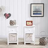 UEnjoy Shabby Chic Pair of White Bedside Table Units Drawers with Wicker Storage Beside Table Bedroom (Kitchen &amp; Home)