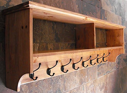 Original Crate Furniture Wide Hat and Coat Rack with Shelf Wall Mounted Solid Wood Display Shelves with Cast Iron Hooks for Hall Kitchen Bathroom or Bedroom, Antique Pine