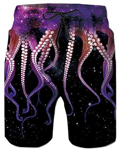 Herren Badehose Badeshorts 3D Lila Octopus Beach Board Shorts Männer Lange Ferien Urlaub Hawaiian Beach Shorts Herren mit Taschen Neuheit Board Shorts mit Kordelzug Elastischer Bund Herren Badeshorts