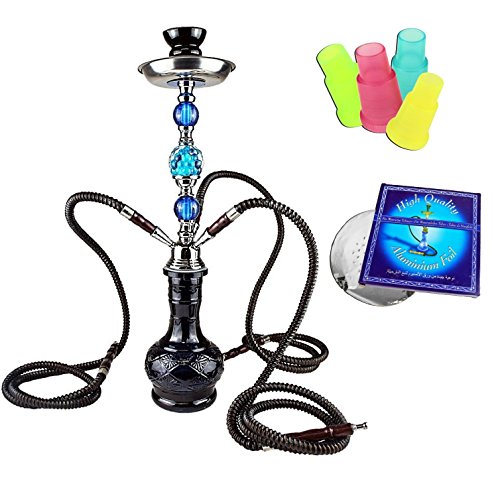 BAYLI - Shisha Set, Hookah, Orientalische Wasserpfeife mit 3 Schläuchen inklusive Zange, Tonkopf Shisha Höhe- ca. 52cm Nargile Hookah mit Tonkopf und Zange + Alufolie + 10 x Mundstück F30