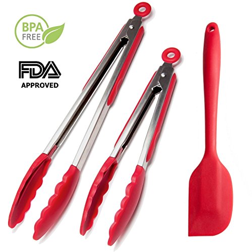 Chef Hessler, erstklassige Qualität, widerstandsfähiges Premium Silikon Zangen-Set für die Küche zum Kochen, Braten, Grillen (rot,22 cm & 30 cm) + Silikon Pfannenwender (rot, 28 cm)