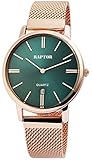 Raptor Damenuhr mit Edelstahlmeshband Hakenverschluss Datum Armbandlänge 17,5cm (Roségoldfarbig/Grün)