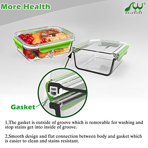 SELEWARE Lunchbox Kinder Glas mit Fächern Auslaufsicher Frischhaltedosen lock mit Deckel Mikrowellengeeignet 100% BPA frei Lebensmittelbehälter Groß Lebensmittelbox Frischhaltebox Bento Box Ofen Gefrierschrank Spülmaschine Safe für Erwachsene Rechteck Grün 1040ML - 4