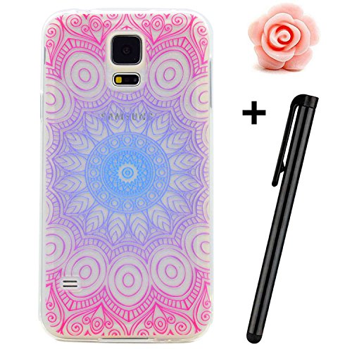 Samsung Galaxy S5 Hülle,TOYYM Transparent Kristall Ultra Dünn [Perfect fit] Soft Bumper Handyhülle Case TPU Silikon Backcover,Durchsichtige Schutzhülle Anti-scratch mit Retro Muster Design hinten Tasche Etui für Samsung Galaxy S5-Mandala Blume
